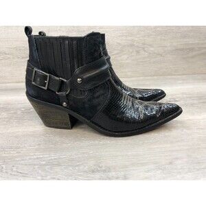 Donald J Pliner Suni Women 6.5M Black Patent Embossed Leather Western Ankle Boot